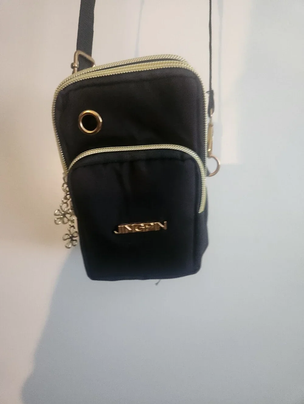 Black Crossbody Phone Bag with Gold Trim